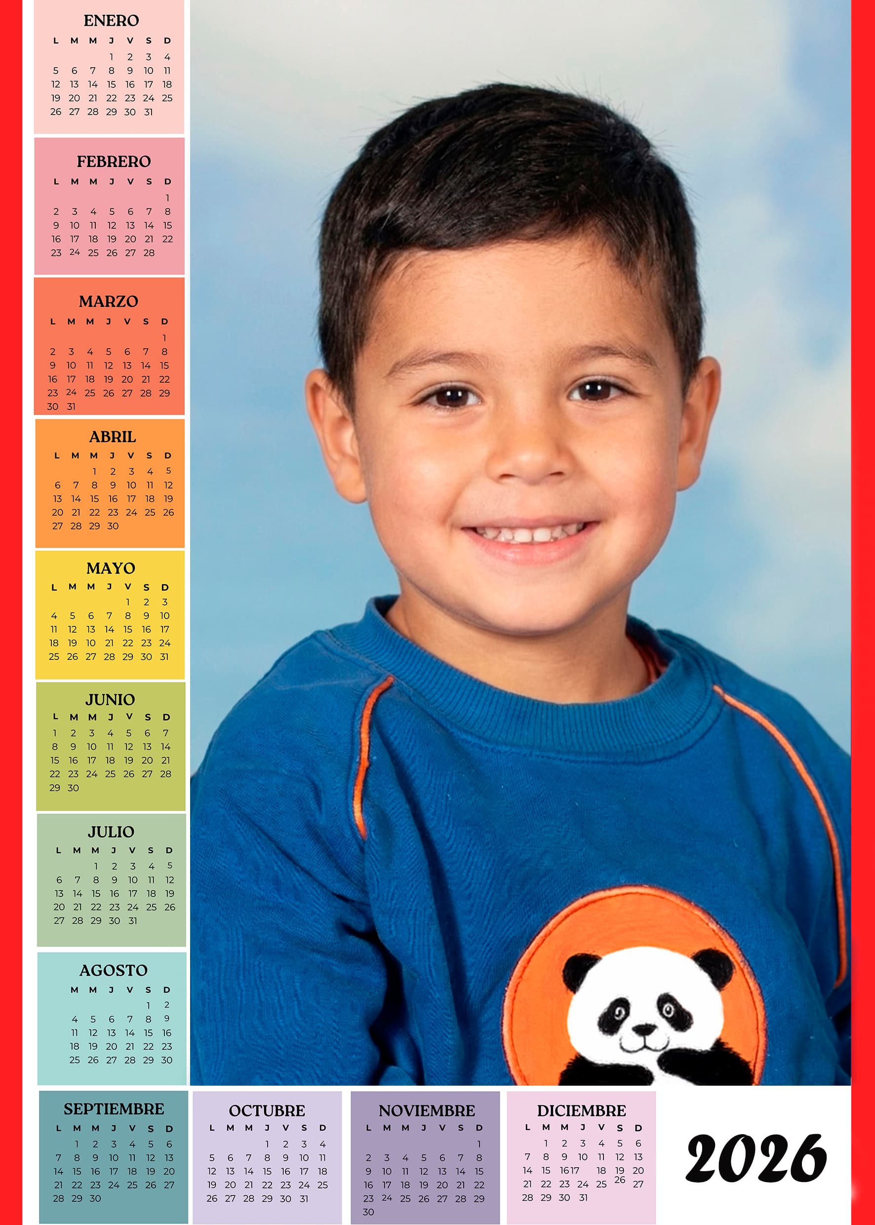 Calendario 2026 con foto de alumno y meses del año