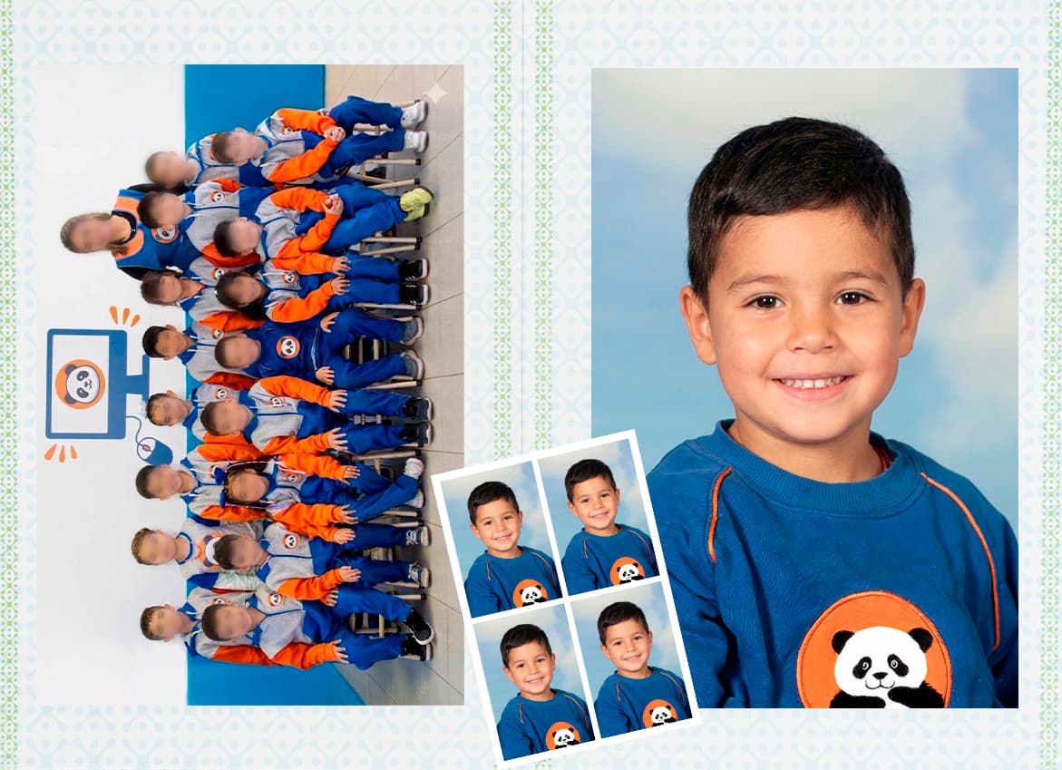 Carpeta clásica con foto grupal, retrato y planchas 4x6