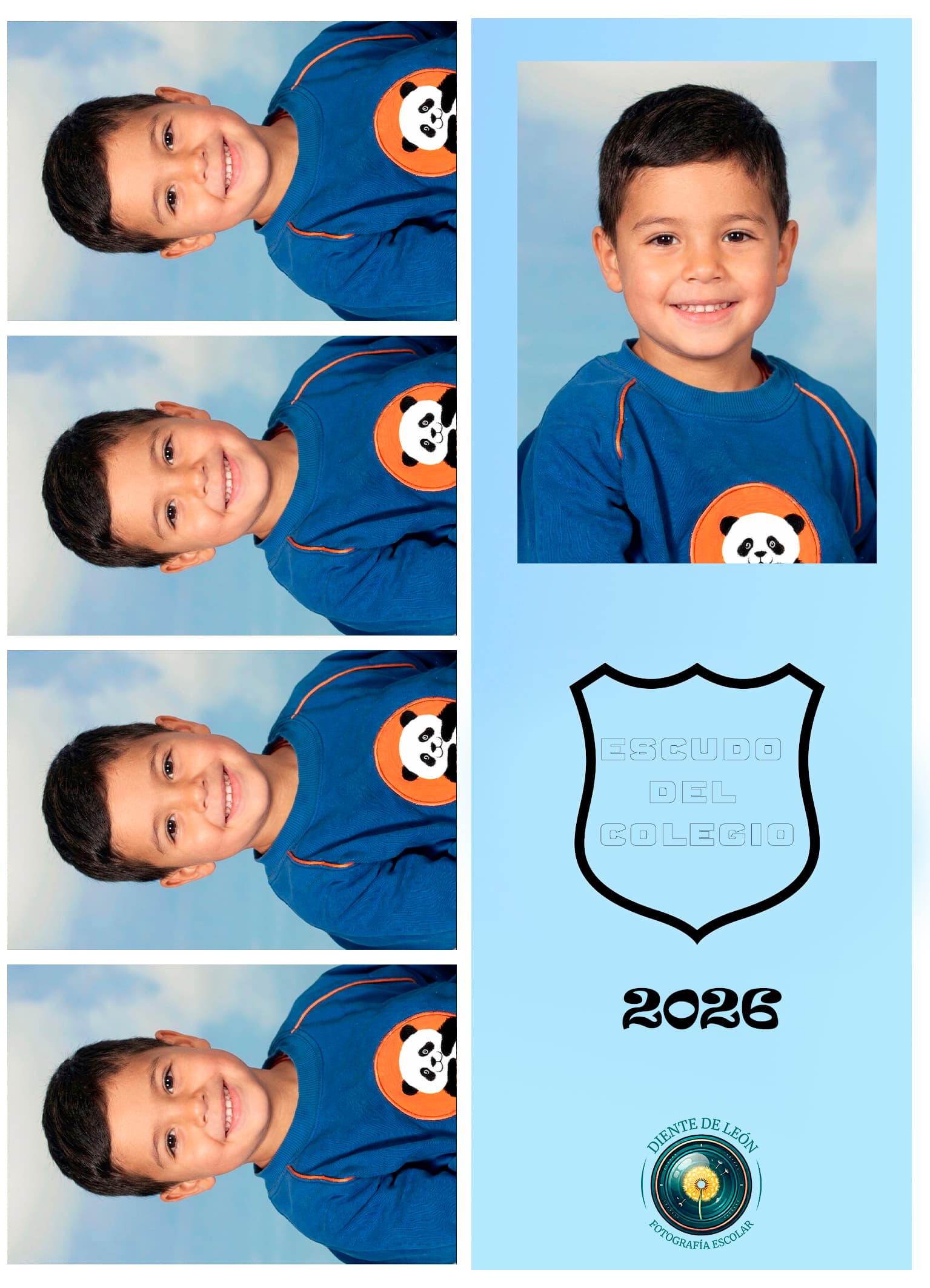 Señalador vertical con planchas 4x6, retrato, escudo del colegio y año 2026