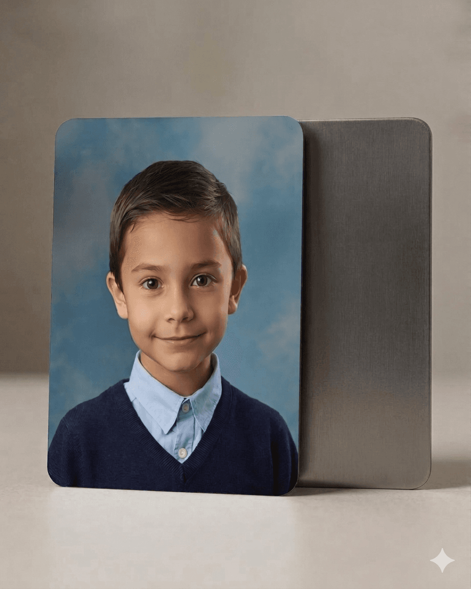 Retrato escolar impreso sobre un imán rígido apoyado